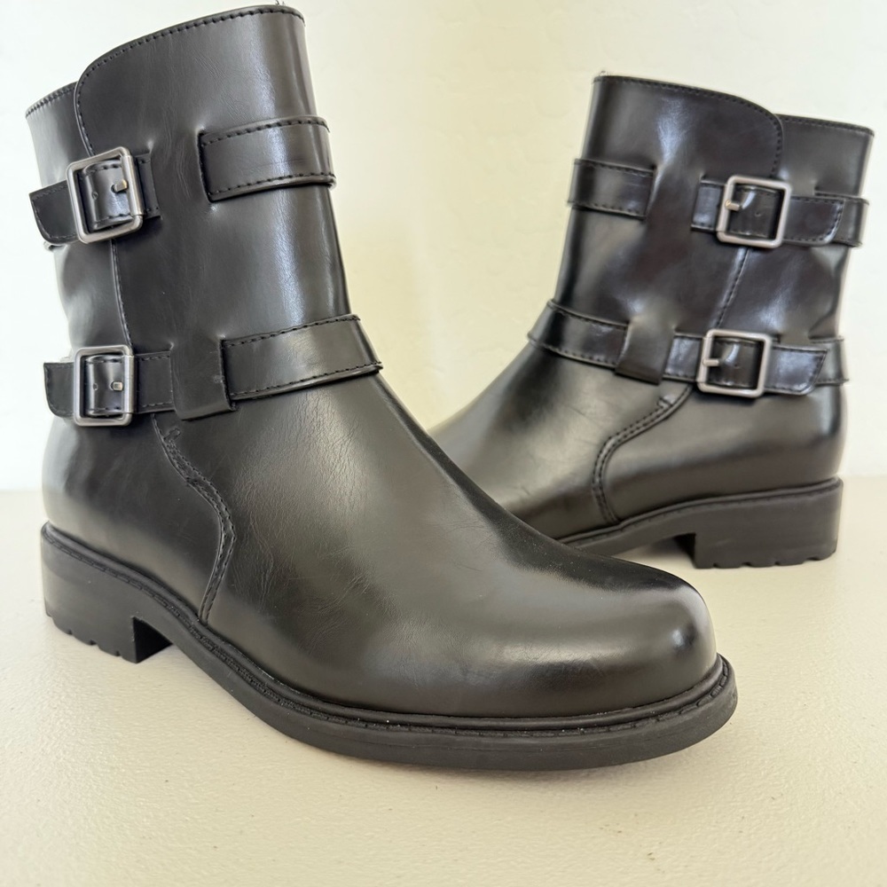 NEW BOC Camile Buckle Moto Boot Black Faux Leather Size 8M